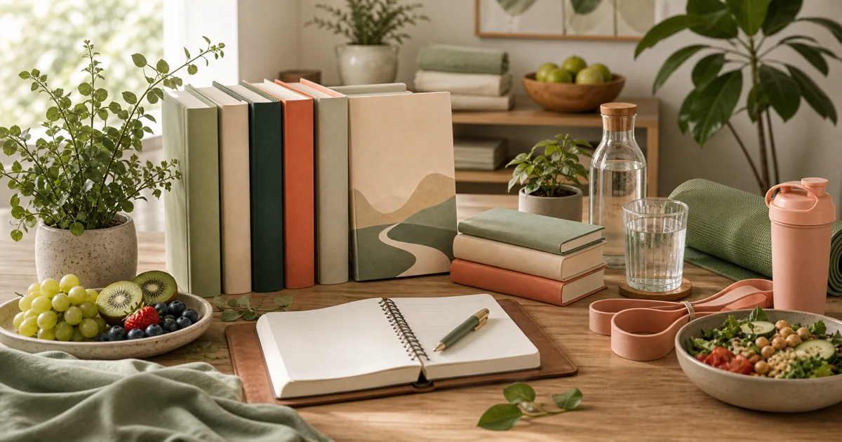 Calm health and fitness reading desk with wellness books, fruit, notebook, and gentle natural light