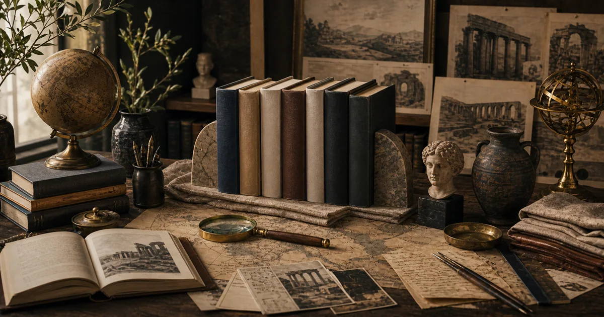 Dignified history reading table with archive books, map fragments, timeline objects, and museum-like light