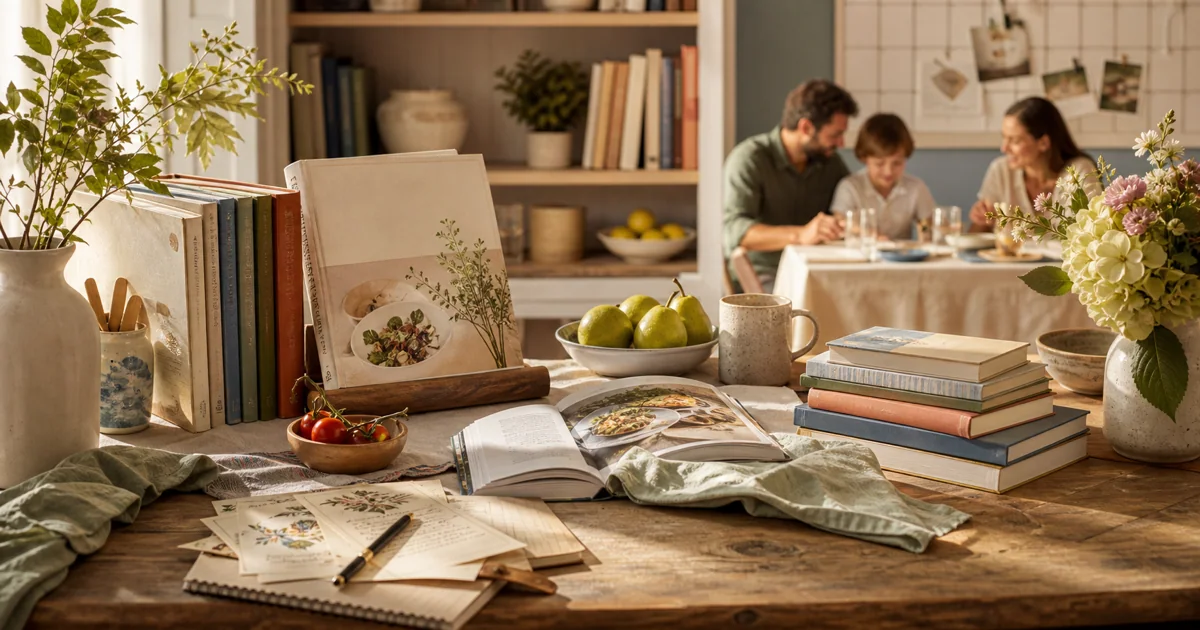 Warm home reading table with cookbooks, family books, ingredients, flowers, and family life in soft light