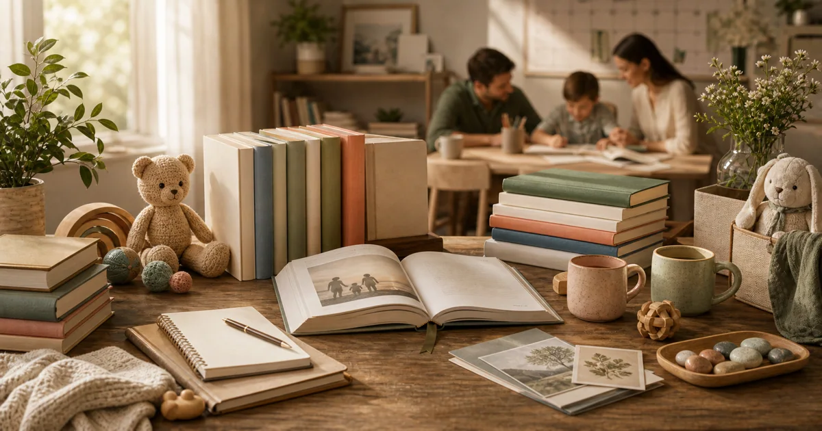 Warm parenting and relationships reading table with family books, mugs, notebooks, and soft home light