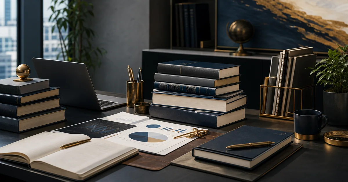 Executive reading desk with business, technology, and decision-making books arranged in a premium editorial still life