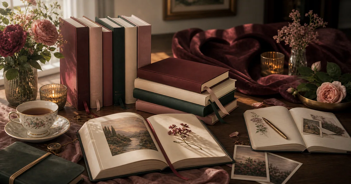 Tasteful romance reading table with rich blank novels, flowers, ribbon bookmarks, and soft window light
