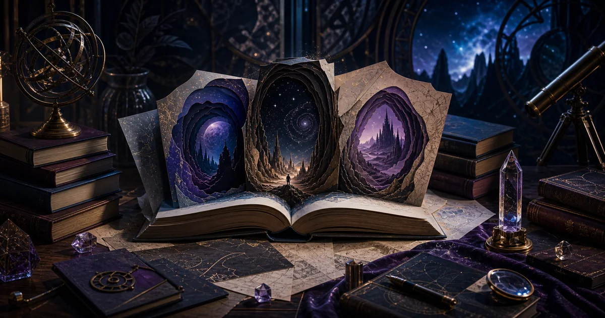 Cinematic science fiction and fantasy reading table with blank books opening into abstract stars and map-like layers